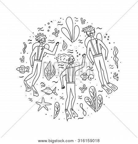 Scuba Diving Circle Composition. Collection Of Aquipment, Divers And Underwater Elements. Round Conc