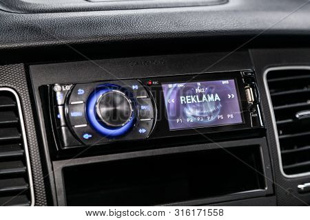 Novosibirsk, Russia - July 30, 2019:  Actyon Ssangyong, Car Control Panel Of Audio Player And Other 