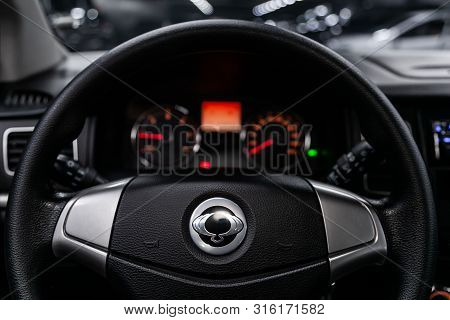 Novosibirsk, Russia - July 30, 2019:  Actyon Ssangyong, Close-up Of The Dashboard, Speedometer, Tach