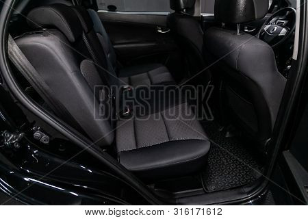Novosibirsk, Russia - July 30, 2019:  Actyon Ssangyong, Close-up Of The Black  Rear Seats With Seats