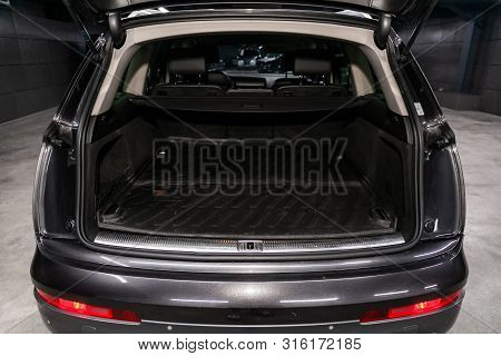 Novosibirsk, Russia - July 30, 2019: Audi Q7, Close-up Of The Open Trunk, Front View. Photography Of
