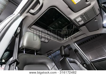 Novosibirsk, Russia - July 30, 2019: Lifan X60, Close-up Of The Hatch And Black  Rear Seats With Sea