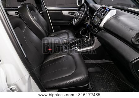 Novosibirsk, Russia - July 30, 2019: Lifan X60, Close-up Of The Dashboard, Player, Steering Wheel, A