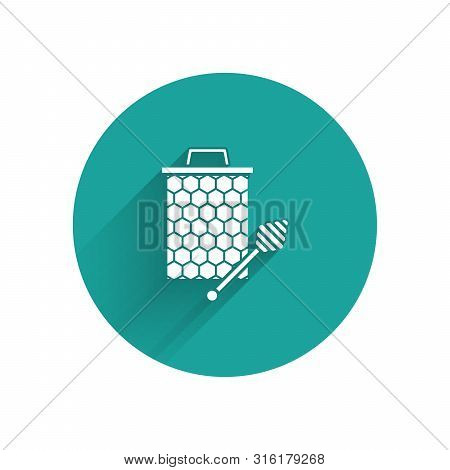 White Honeycomb With Honey Dipper Stickicon Isolated With Long Shadow. Honey Ladle. Honey Cells Symb