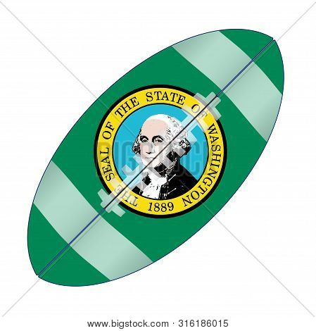 A Typical American Type Foorball Over A White Background With The Flag Of Washington
