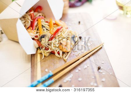 Thai Food Pad Thai. Noodles With Shrimp, Vegetables And Sesame With Soy Sauce