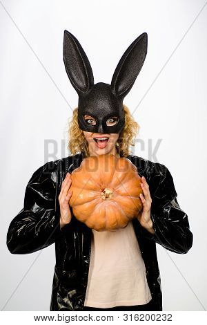 Beautiful Sexy Girl In Halloween Party. Sensual Girl In Bunny Mask With Jack O Lantern. Halloween Co