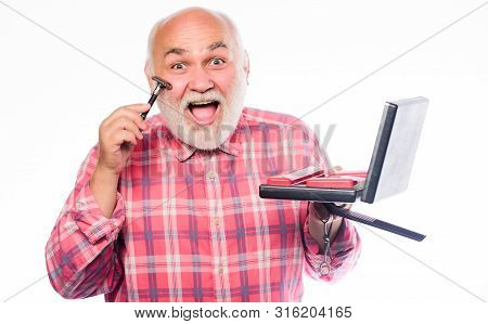 Man Maintaining Fashion Blog. Shaving Kit In Case. Portable Shaving Tool Set. Unshaven Old Man Shave