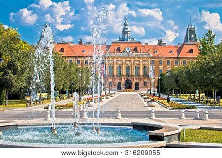 Sombor Fountain Square And City Hall View, Vojvodina Region Of Croatia