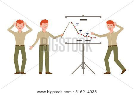 Amazed, Upset, Red Hair Office Clerk Man In Green Pants Vector Illustration. Making Presentation, Sh