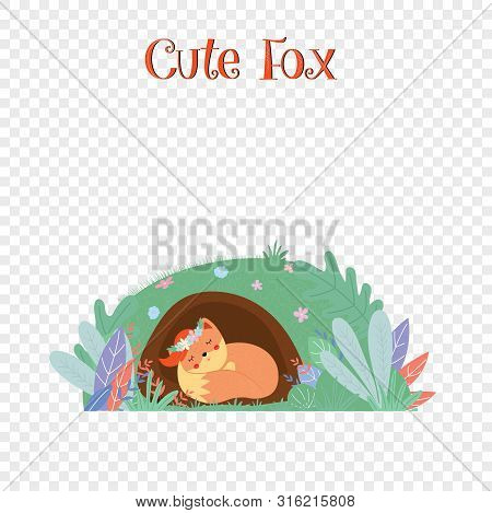 Cute Fox Sleeping In Foxy Burrow Isolated On Transparent Background With Typography, Sweet Kawaii An