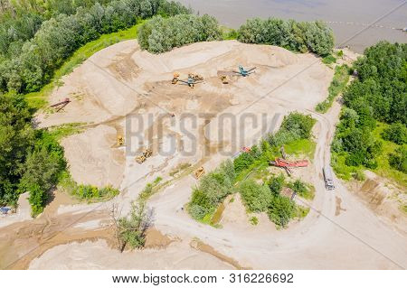 Aerial View Of Sandpit And Factory Plant Producing Sand Materials For Construction Industry. Top Vie