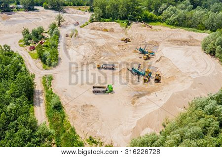 Aerial View Of Sandpit And Factory Plant Producing Sand Materials For Construction Industry. Top Vie