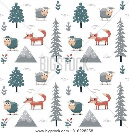 Seamless Cute Scandinavian Pattern Sheep Fox Tree Mountains