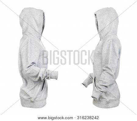 Blank Gray Hoodie With Raised Hood Leftside And Rightside Isolated On A White Background