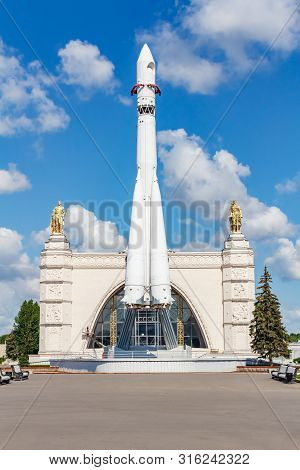 Moscow, Russia - July 22, 2019: Model Of Soviet Space Rocket Vostok In Vdnh Park In Moscow Against B