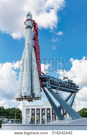 Moscow, Russia - July 22, 2019: Space Rocket Vostok Against Blue Sky With White Clouds In Vdnh Park 