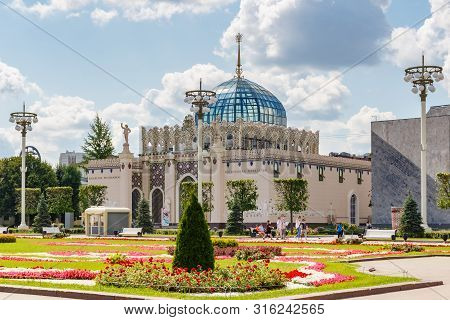 Moscow, Russia - July 22, 2019: Pavilion Of Republic Of Kazakhstan On Vdnh. Vdnh Park Architecture A