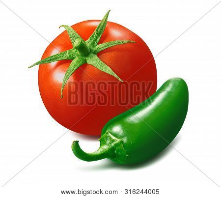 Tomato And Green Chili Pepper Isolated On White Background. Package Design Element With Clipping Pat