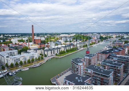 Turku, Finland - August 02,2019: Aerial View Of City Of Turku. Photo Made By Drone From Above. Finla