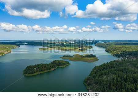 Aerial View Of Aland Islands At Summer Time. Finland. The Archipelago. Photo Made By Drone From Abov