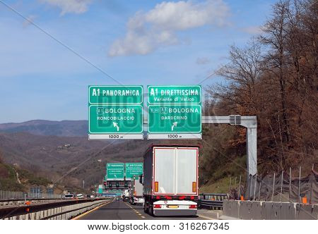 Big Highway Signs With Italian Text With Many Place And Names Of Roads