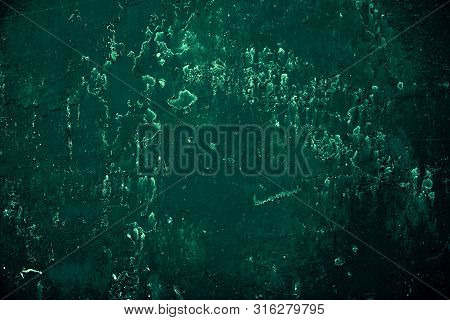 Vintage Green Background. Rough Painted Wall Of Emerald Color. Imperfect Plane Of Virid Colored. Une