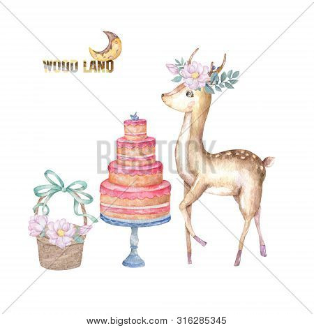 Cute Baby Deer And Roccoon With Tasty Cake Animal Isolated Illustration For Children. Bohemian Water
