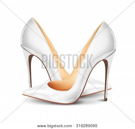 Pair Of White Female Pumps On A White Background, Sexy Shoes, Classic. High-heeled Shoes, White Pate