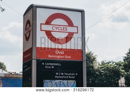 London, Uk - July 16, 2019: Close Up Of Santander Cycles Docking Station By Kennington Oval, London.