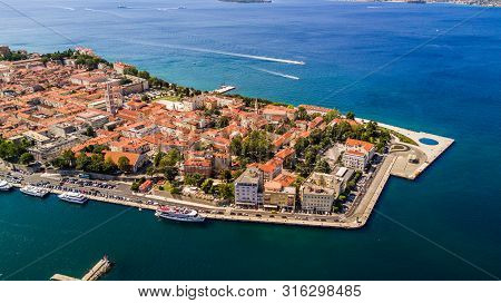 Aerial View Of City Of Zadar. Summer Time In Dalmatia Region Of Croatia. Coastline And Turquoise Wat