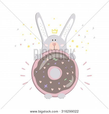 St Valentinas Day Postcard With Cute Gray Rabbit With Pink Donut And Yellow Stars And Yellow Crown