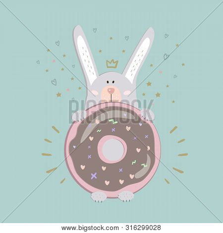 St Valentinas Day Postcard With Cute Gray Rabbit With Pink Donut And Yellow Stars And Yellow Crown