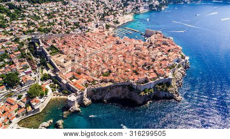 Dudrovnik, Croatia. Aerial View On The Old Town. Vacation And Adventure. Town And Sea. Top View From