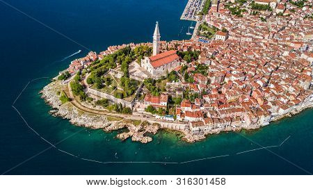 Aerial Shot Of An Old Croatian Coastal Town Rovinj Located On The Western Coast Of The Istrian Penin