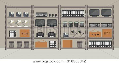 Shelving With Office Equipment And Computer Equipment. Storeroom. There Are Monitors, Printers, Keyb
