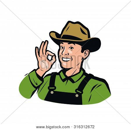 Funny Farmer In The Hat. Farm Product Logo. Vector Illustration