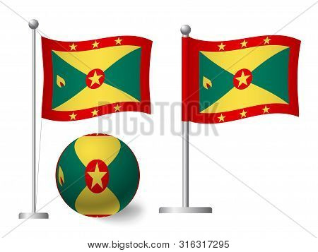 Grenada Flag On Pole And Ball. Metal Flagpole. National Flag Of Grenada Illustration