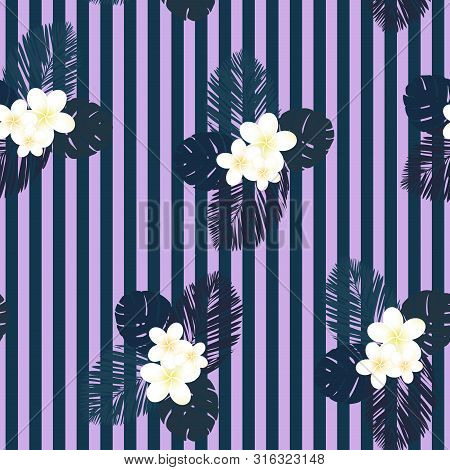 Seamless Striped Vector Tropical Pattern. Plumeria, Frangipani.
