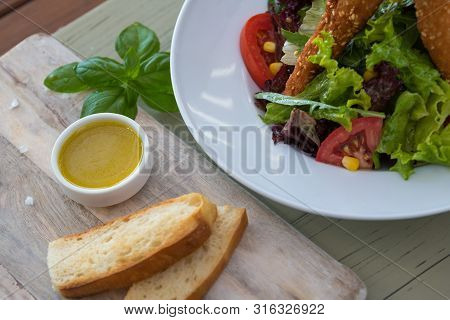 Fried Chicken On Wooden Skewers With Vegetable Salad And Sauce. Spring Picnic, ,. Delicious Lunch. O