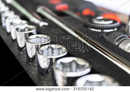 Close Up View Of A Garage Tool Box. Set Of Tools. Tool Box For Construction. Tool To Repair The Car 