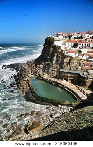 Azenhas Do Mar, Sintra, Lisbon, Portugal- March 19, 2019: Beautiful Azenhas Do Mar Village Perspecti