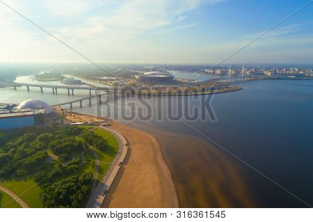 Saint Petersburg, Russia - July 26, 2019: Landscape Of The Neva Delta On A Sunny July Morning (aeria