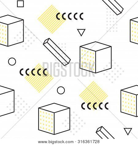 Abstract Geometric Seamless Patternt Of Various Symbols In Memphis Style. Retro Funky Graphic, 90s T