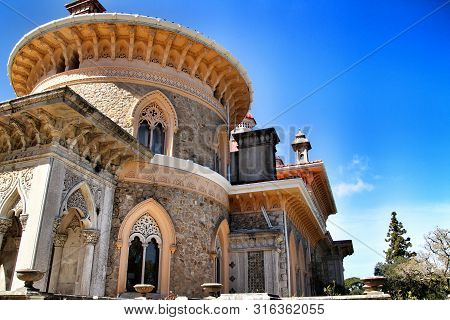 Sintra, Lisbon, Portugal- March 14, 2019: Beautiful And Majestic Monserrate Palace Facade In Sintra 