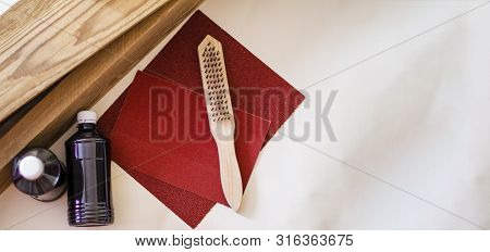 Sandpaper And Wood For Processing, Brush For Cleaning, Water-based Paint. Copy Space