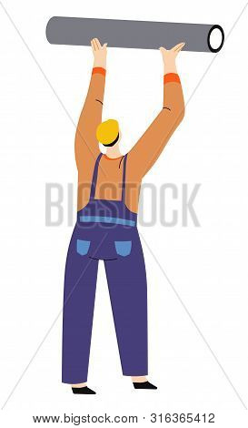 Building And Installation Works, Man In Hardhat With Balk, Beam Or Pipe