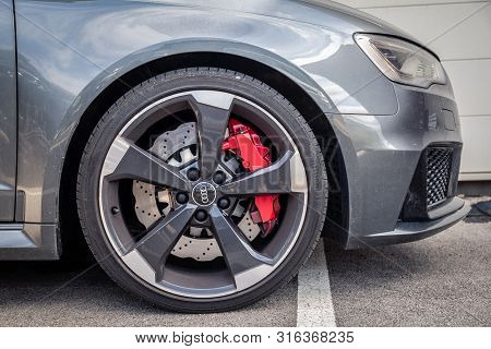 France Lyon 2019-06-20 Closeup Wheel Premium Sports Car Dark Gray Hatchback Audi Rs 3, Low Profile T