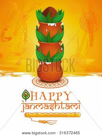 Greeting Card For Krishna Janmashtami. Earthen Pots Of Makhan And Coconut. Indian Fest. Celebrating 