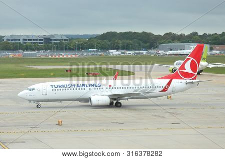 London England - May 31, 2019: Turkish Airline Airplane At Gatwick Airport London England.